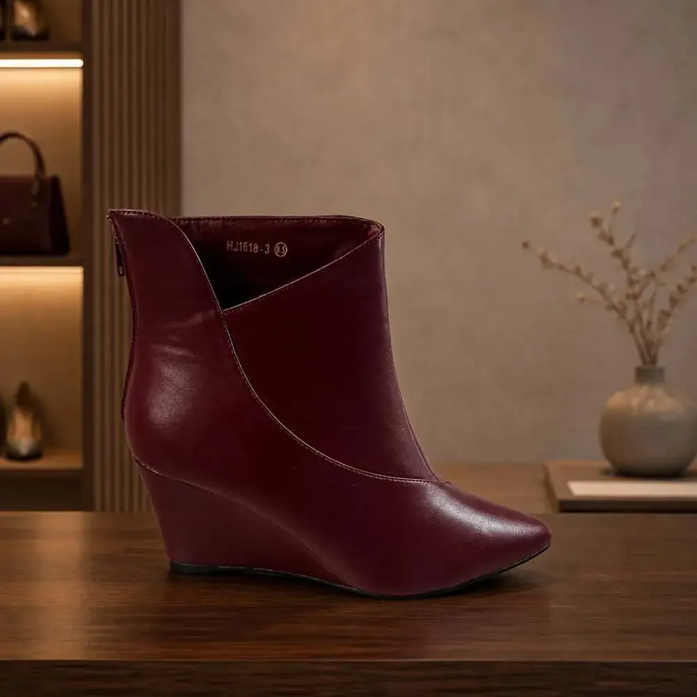 Allegra K Women's Pointed Toe Zipper Wedge Heel Ankle Booties Red Size 8.5 HJ161
